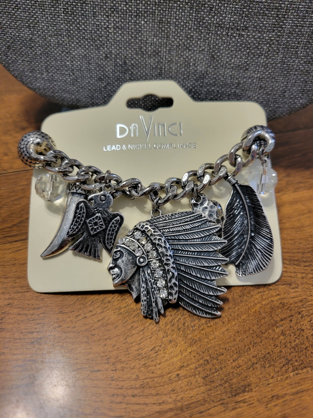 456- DaVinci Silver-Tone Native Headdress & Feather Charm Bracelet